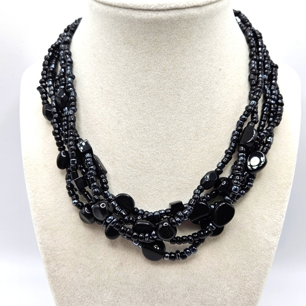 VINTAGE Black Glass Bead Multi-Strand Necklace